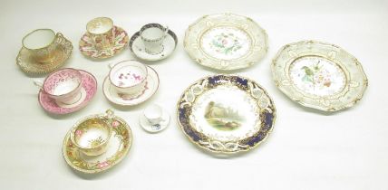 Two Sunderland Lustre cabinet cups and saucers, 5 other 19th century cabinet cups and saucers (1