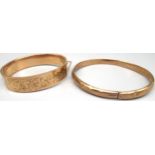 9ct yellow gold bangle with engraved leaf design, and another 9ct gold bangle, both stamped 9ct (A/