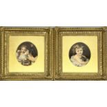 Pair of Victorian oval prints in giltwood and gesso moulded frames, aperture 23cm x 20cm, 33cm x
