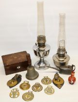 Mixed lot incl. C19thC Bohemian glass vase with cameo portrait, half pint oiler, chrome oil lamp,