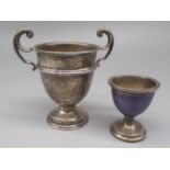 Hallmarked Sterling silver and purple enamel egg cup by Lanson Ltd., Birmingham, 1936, and a