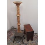 Small vintage footstool on turned supports, stained pine box stool and a pine twist column plant