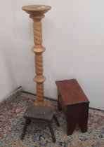 Small vintage footstool on turned supports, stained pine box stool and a pine twist column plant