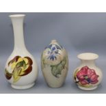 Moorcroft Pottery: Magnolia pattern vase, H9cm; autumn leaf design vase with Queen Mary sticker,