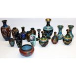 Group of early-mid C20th Chinese and Japanese cloisonne, incl. vases and bowls, max. H24cm, some A/F