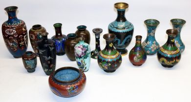 Group of early-mid C20th Chinese and Japanese cloisonne, incl. vases and bowls, max. H24cm, some A/F