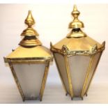 Two C19th style hexagonal brass lantern with frosted glazed panels, H72cm (2)