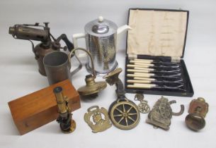 C20th century brass student's microscope, in original mahogany fitted case, horse brasses, cased