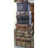 Selection of early to mid C20th travel trunks and other luggage, max W81cm, H52cm, D52cm (7)