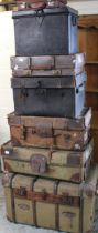 Selection of early to mid C20th travel trunks and other luggage, max W81cm, H52cm, D52cm (7)