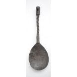 16th century English pewter spoon, writhen zoomorphic stem with whistle end, L14cm, found on the