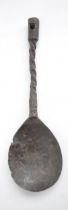 16th century English pewter spoon, writhen zoomorphic stem with whistle end, L14cm, found on the