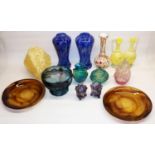 Group of glassware incl. a Mdina vase, Bohemian/Czech type spatter glass vases; Davidson cloud glass