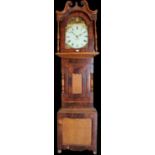 C19th mahogany and oak long cased clock, arched painted Roman dial inscribed verso 'J R 1852' with