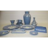 Wedgwood pale blue jasperware vase, H25cm, other Wedgwood jasperware plates, dishes, cups etc. (qty)