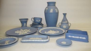 Wedgwood pale blue jasperware vase, H25cm, other Wedgwood jasperware plates, dishes, cups etc. (qty)