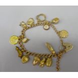 9ct yellow gold charm bracelet with heart padlock clasp, set with twelve 9ct yellow gold and two
