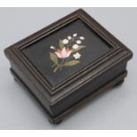 Small early C20th box, hinged lid with inset pietra dura floral panel, turned feet, L7cm