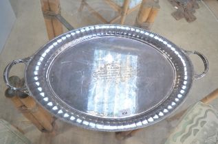 Early C20th EPNS twin handled tray barring presentation inscription dated 5th July 1917 W69cm X