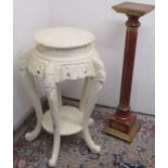 Red and gilt painted fluted column jardiniere pedestal on stepped base, H93cm and a cream painted