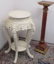 Red and gilt painted fluted column jardiniere pedestal on stepped base, H93cm and a cream painted