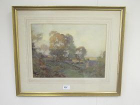 English School (early C20th); Figures by a stone farm house in a wooded landscape, watercolour,