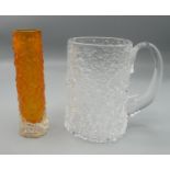 Whitefriars glass - bark effect flint mug H13cm and tangerine finger vase H14.5cm