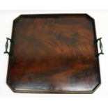 Edwardian flamed mahogany butler's tray, canted corners, twin cast brass handles, 40cm x 38cm