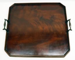 Edwardian flamed mahogany butler's tray, canted corners, twin cast brass handles, 40cm x 38cm