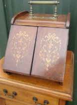 Edwardian inlaid mahogany slope front coal box, brass swing handle opening two inlaid doors, with