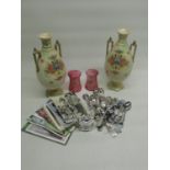 Pair of Crown Devon Wick vases, 2 matching Cranberry glasses with floral painted decoration, mixed