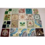 Collection of twenty C19th fireplace tiles, incl. transfer printed, relief, and tubelined designs,