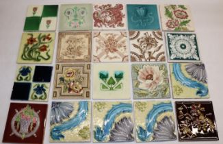 Collection of twenty C19th fireplace tiles, incl. transfer printed, relief, and tubelined designs,