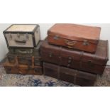 Two canvas and beech bound cabin trunks W84cm and other vintage luggage (7)