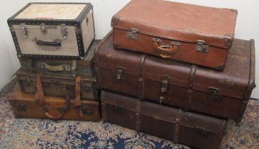 Two canvas and beech bound cabin trunks W84cm and other vintage luggage (7)