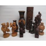 C20th Chinese carved bamboo vase, wooden travelling scholar figure, Dog of Fo pair and other