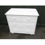Victorian later white painted pine chest of two short and two long drawers on bun feet, W83cm