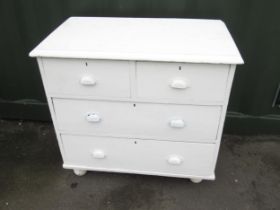 Victorian later white painted pine chest of two short and two long drawers on bun feet, W83cm