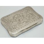 Early C20th Continental silver serpentine rectangular pill box, hinged cover engraved with foliage