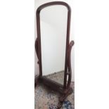 Victorian style cheval mirror, arched plate on scrolled supports and feet, H170cm W75cm