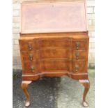 Small C18th style burr walnut bureau, fall front above three long drawers, on cabriole legs with pad