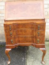 Small C18th style burr walnut bureau, fall front above three long drawers, on cabriole legs with pad