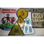 Collection of mid to late C20th enamel and other signs incl. Bus Stop sign, Danger of Drowning sign,