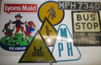 Collection of mid to late C20th enamel and other signs incl. Bus Stop sign, Danger of Drowning sign,