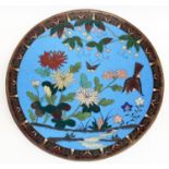 Japanese Meiji period cloisonne charger, decorated with a bird, butterfly, and chrysanthemums, on