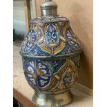 Large two piece Moroccan urn, with painted pottery panels with metal inlay. H42cm