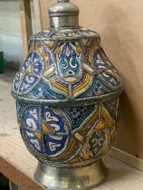 Large two piece Moroccan urn, with painted pottery panels with metal inlay. H42cm