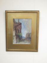 A. Borrowdale (British C20th); Pair of Continental town street scenes, watercolour heightened with