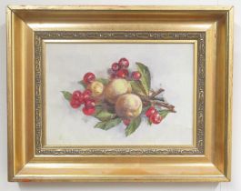 English School (C20th); Still Life study of cherries and peaches, oil on canvas, 16cm x 23cm
