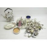 Collection of silver plate and EPNS inc. cutlery, spirit kettle, etc.
